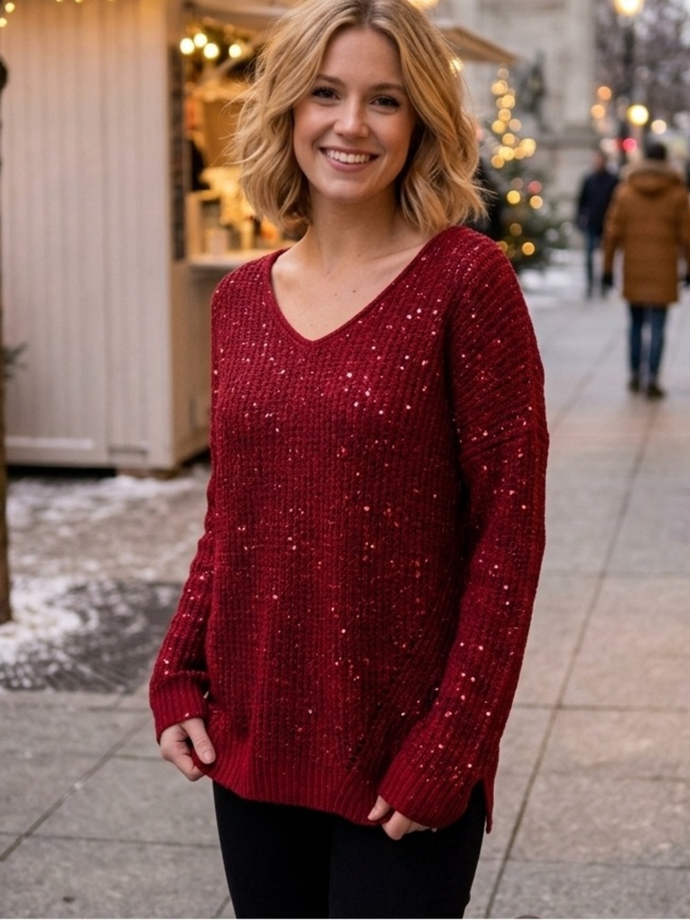 • DKNY Burgundy Red Sequin Sparkle Knit
V-Neck Sweater Size medium